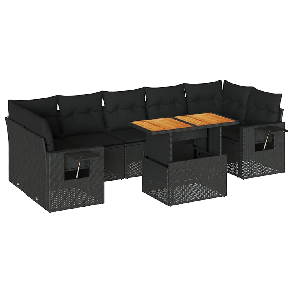 8 részes fekete polyrattan kerti ülőgarnitúra párnákkal