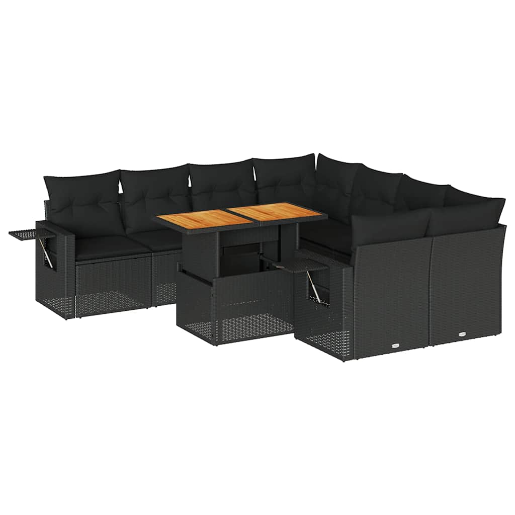 9 részes fekete polyrattan kerti ülőgarnitúra párnákkal