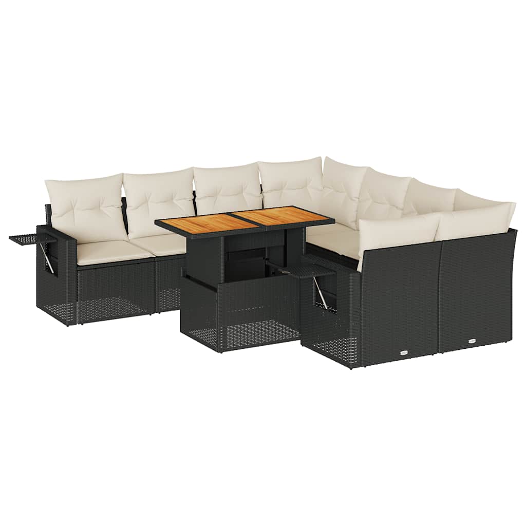 9 részes fekete polyrattan kerti ülőgarnitúra párnákkal