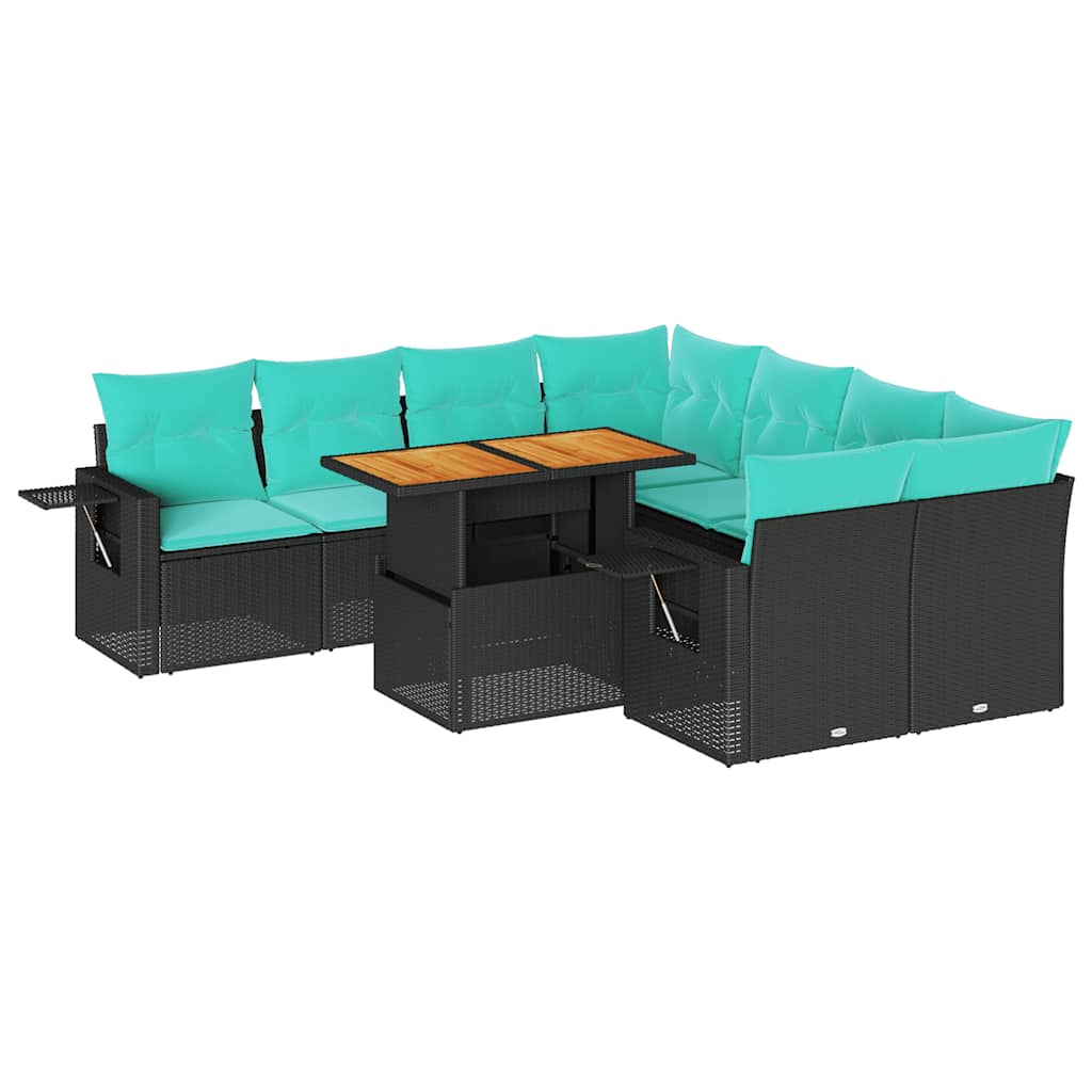 9 részes fekete polyrattan kerti ülőgarnitúra párnákkal