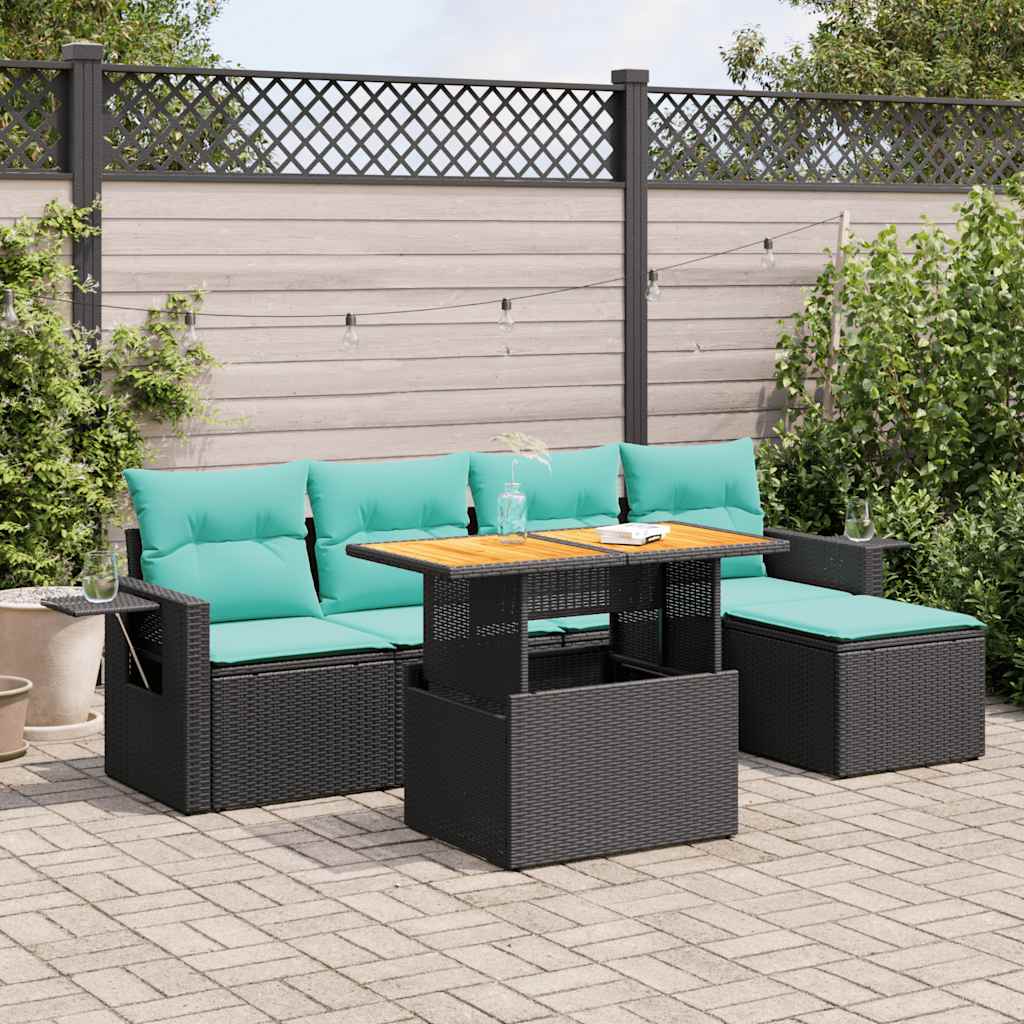6 részes fekete polyrattan kerti ülőgarnitúra párnákkal