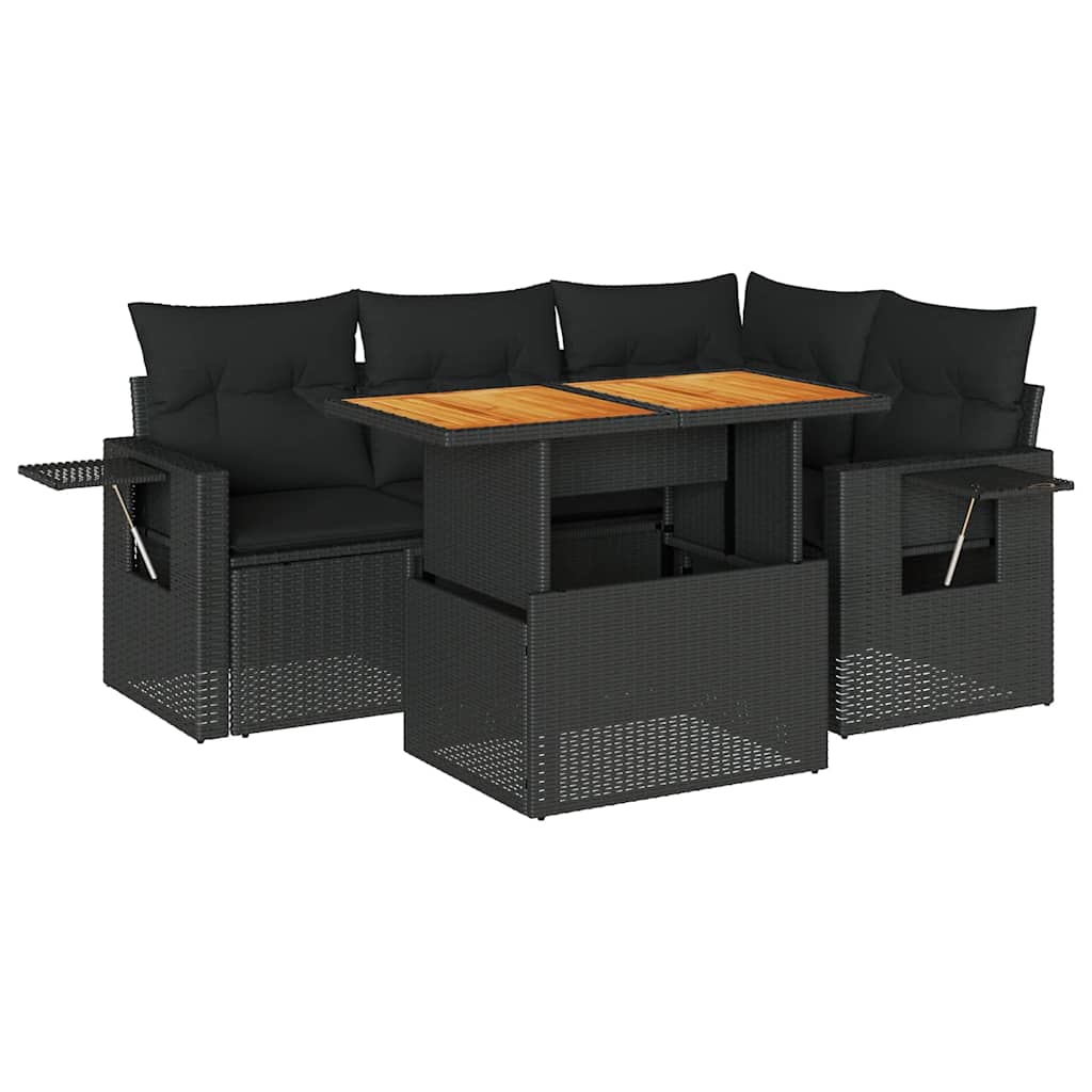 5 részes fekete polyrattan kerti kanapészett párnákkal