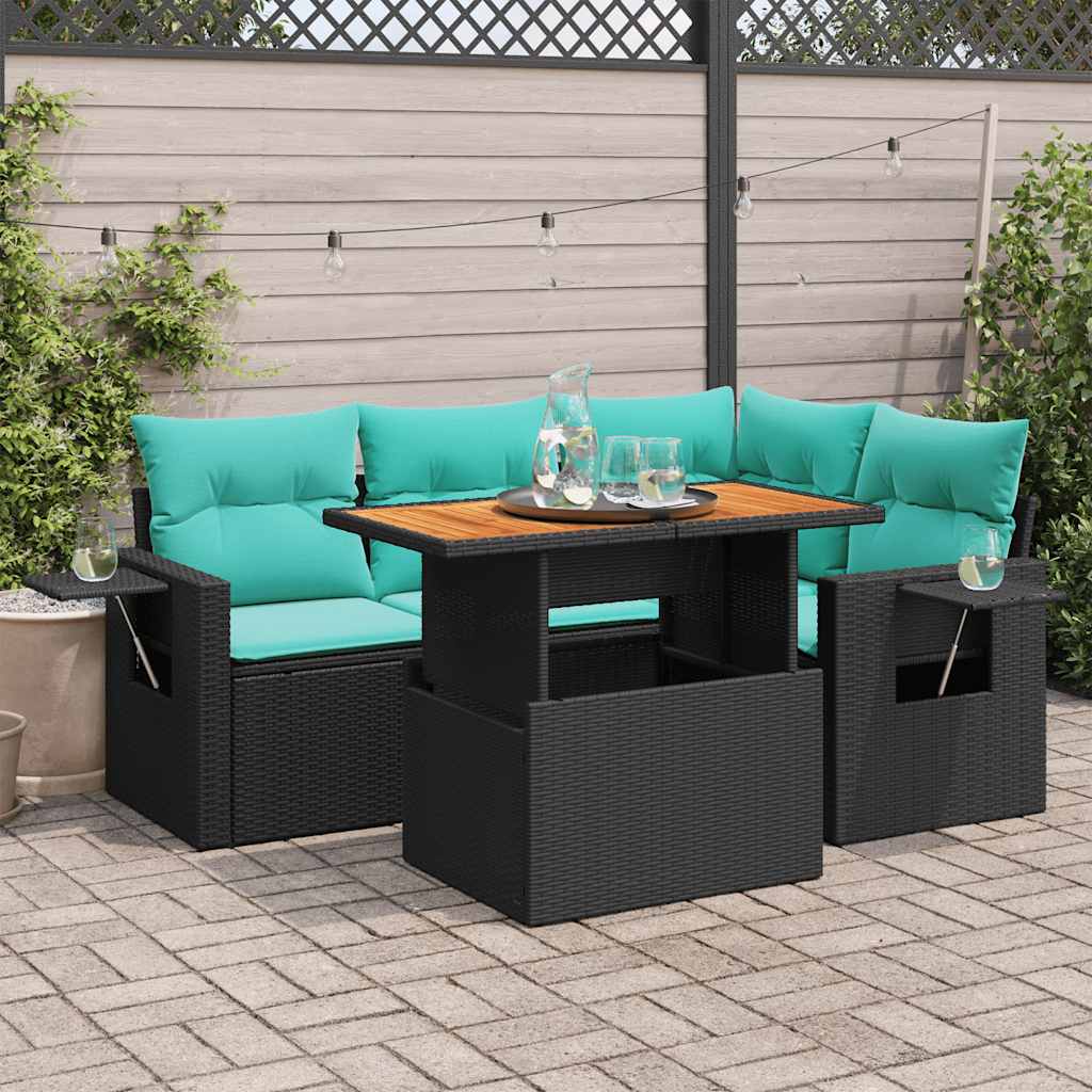 5 részes fekete polyrattan kerti kanapészett párnákkal