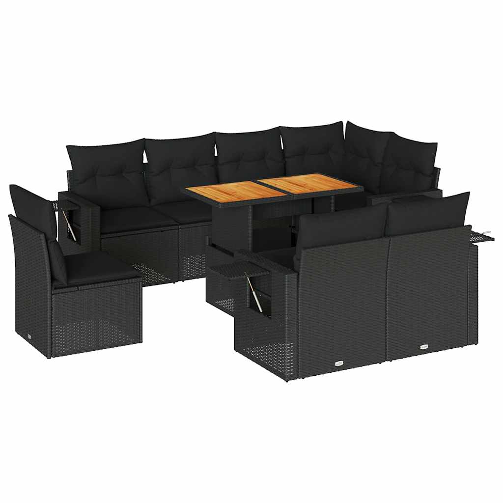 9 részes fekete polyrattan kerti ülőgarnitúra párnákkal