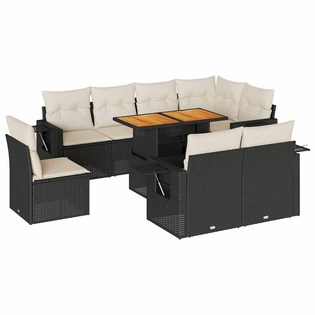 9 részes fekete polyrattan kerti ülőgarnitúra párnákkal