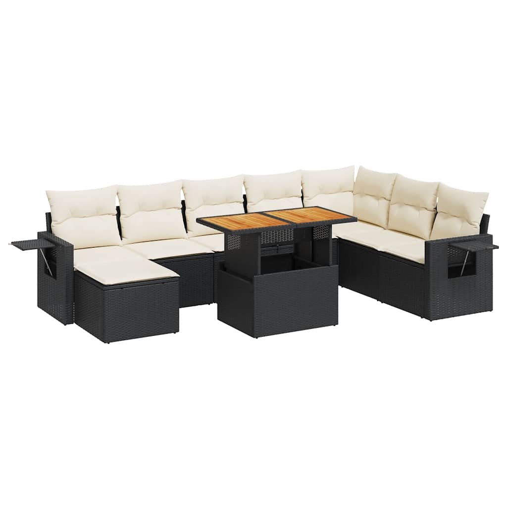 9 részes fekete polyrattan kerti ülőgarnitúra párnákkal