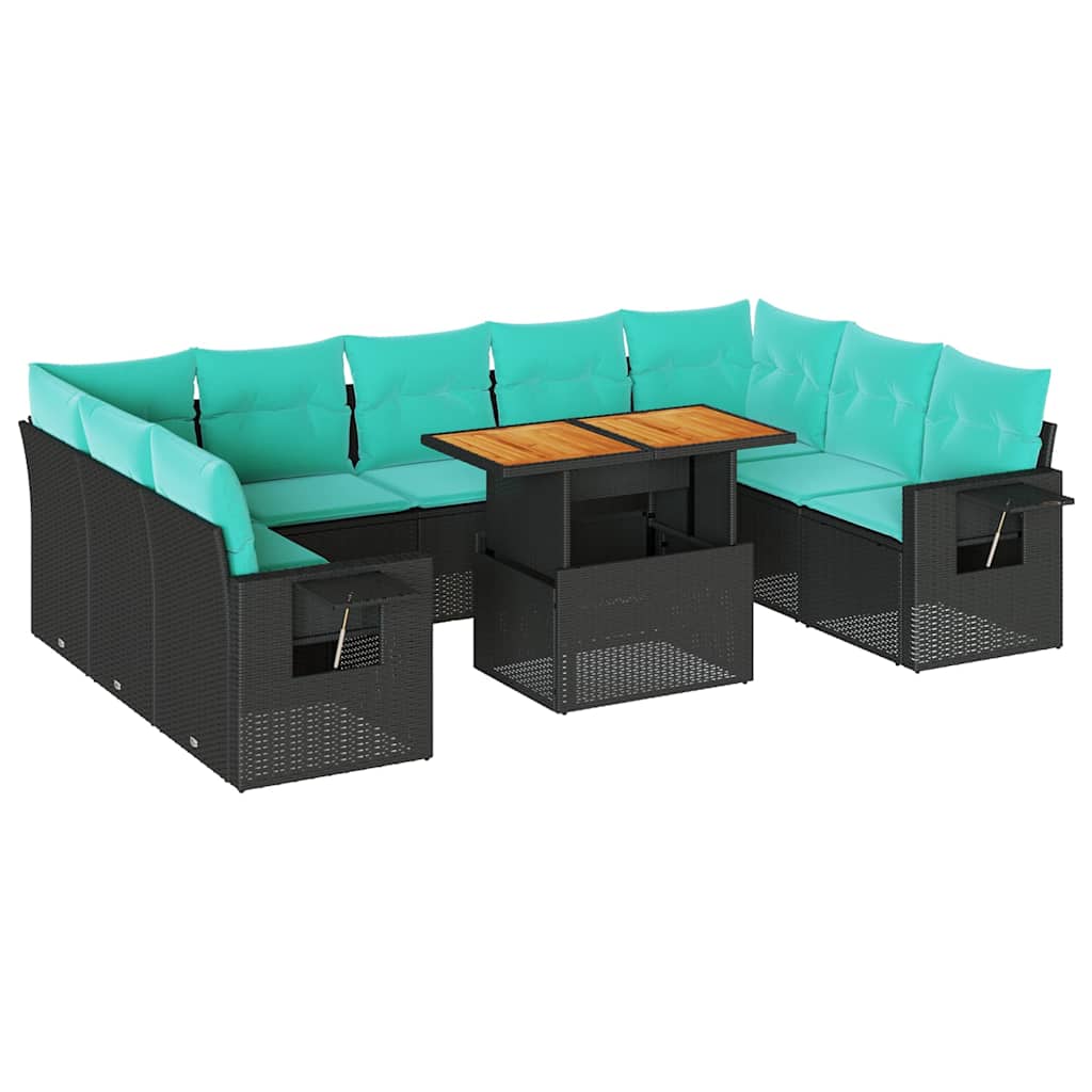 10 részes fekete polyrattan kerti ülőgarnitúra párnákkal