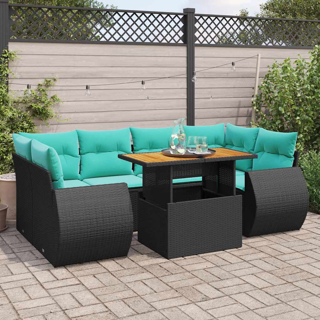 7 részes fekete polyrattan kerti ülőgarnitúra párnával