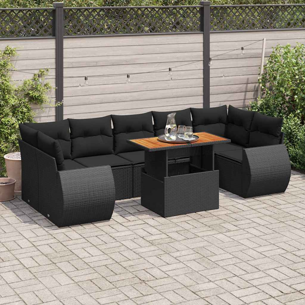 8 részes fekete polyrattan kerti ülőgarnitúra párnákkal