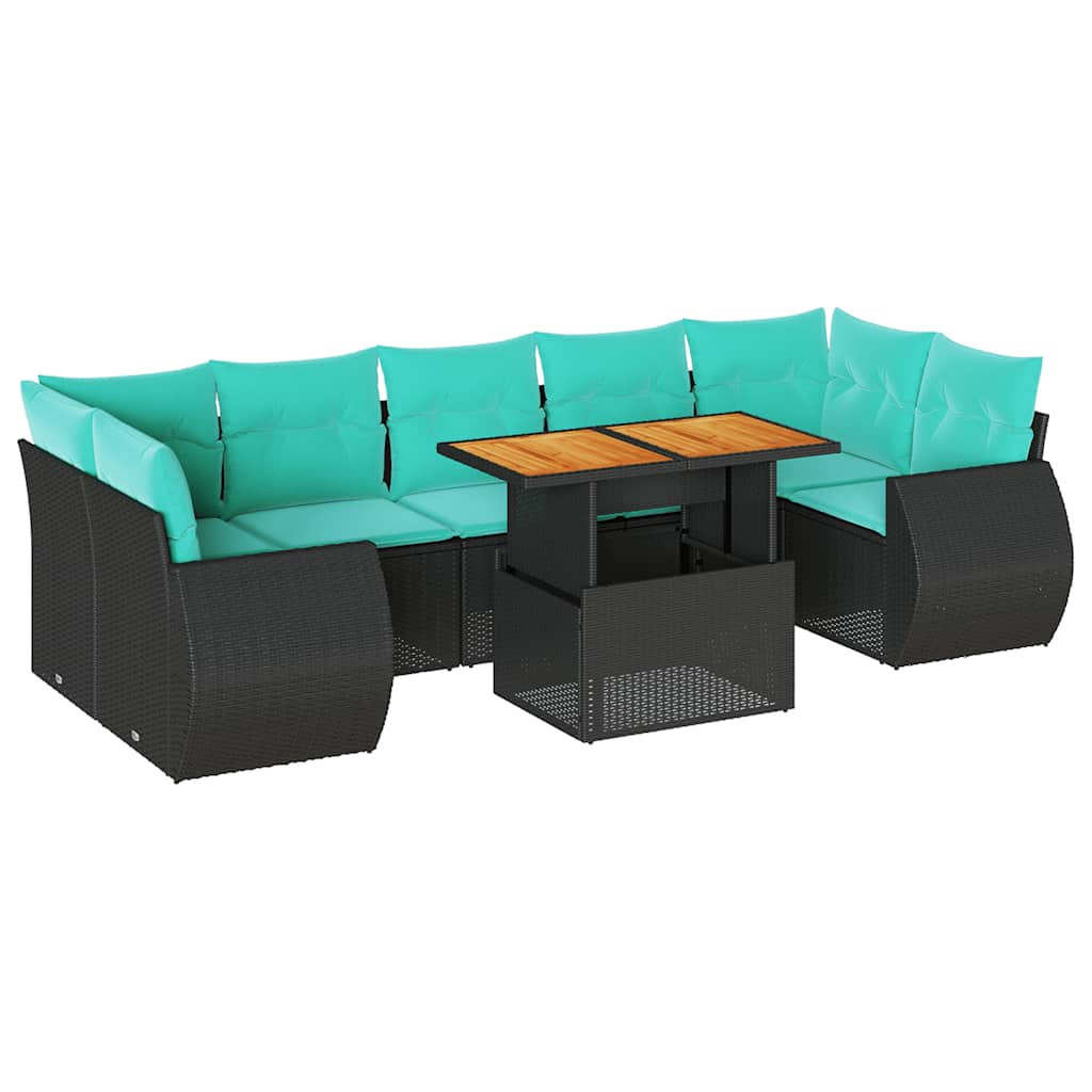 8 részes fekete polyrattan kerti ülőgarnitúra párnákkal