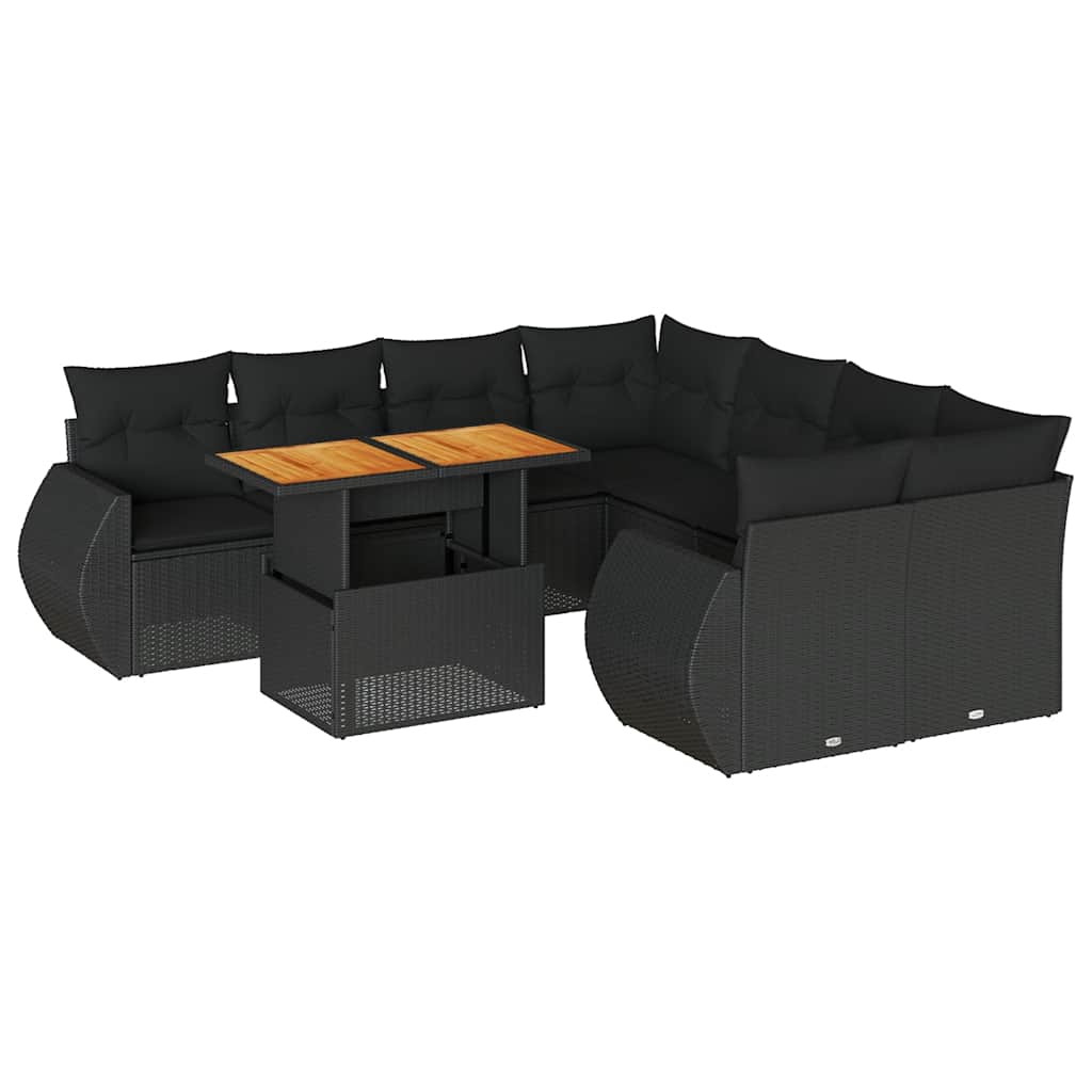 9 részes fekete polyrattan kerti ülőgarnitúra párnákkal