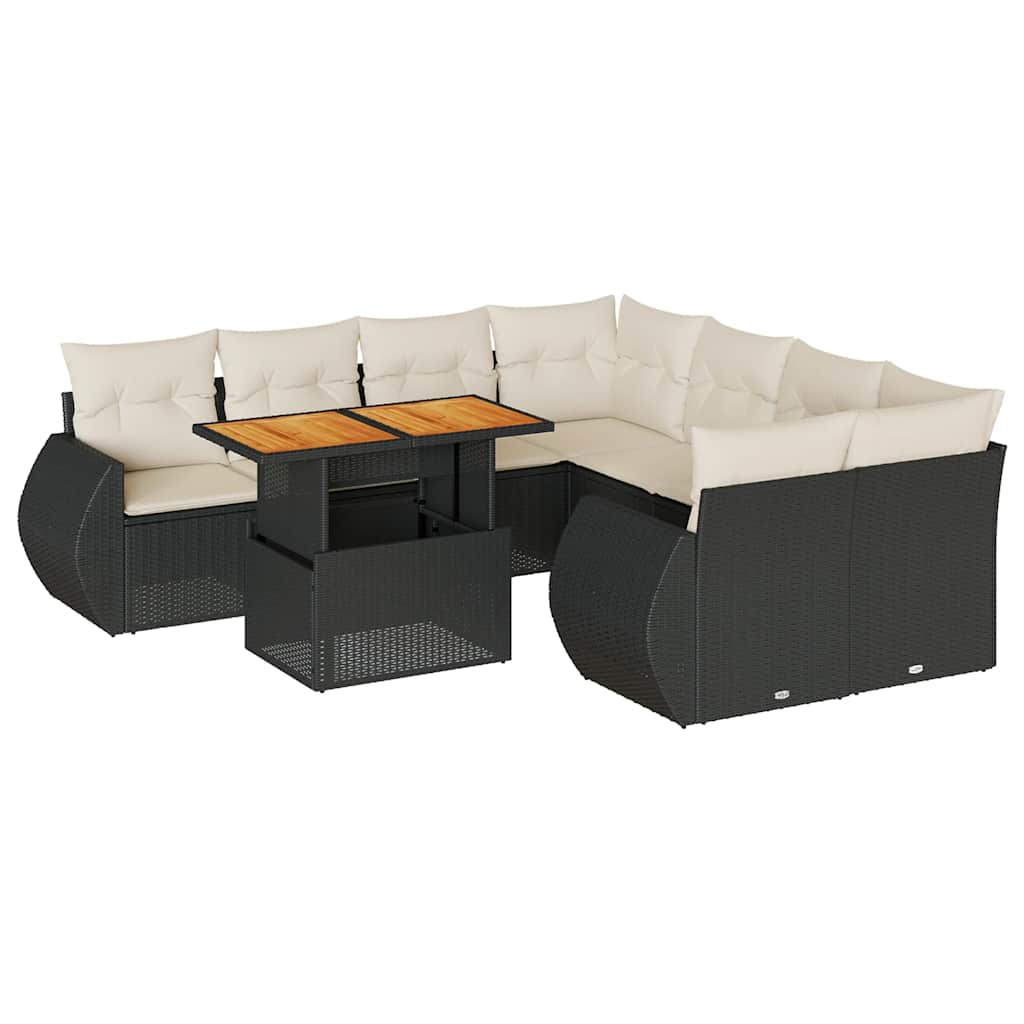 9 részes fekete polyrattan kerti ülőgarnitúra párnákkal