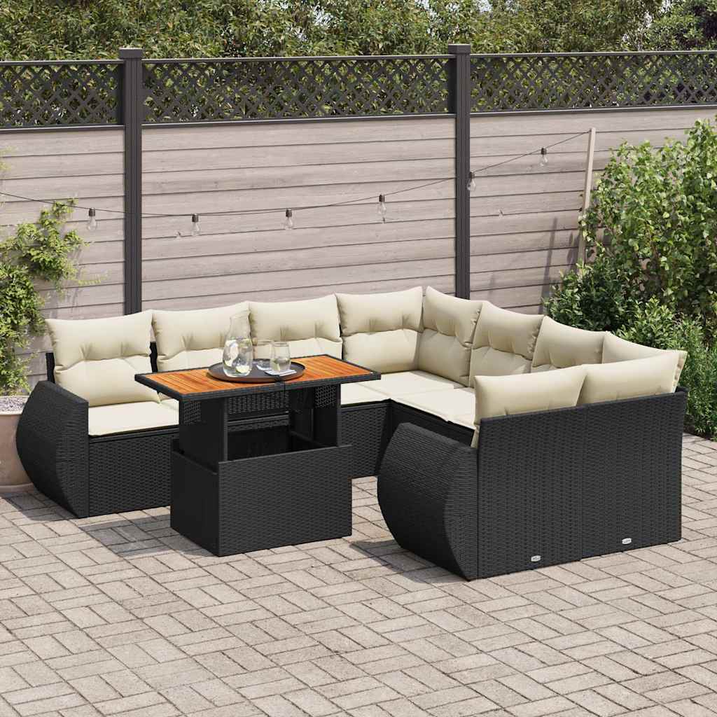 9 részes fekete polyrattan kerti ülőgarnitúra párnákkal