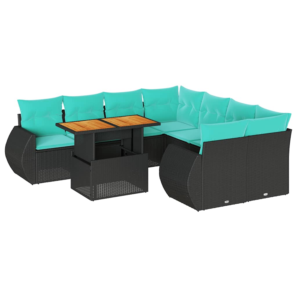 9 részes fekete polyrattan kerti ülőgarnitúra párnákkal
