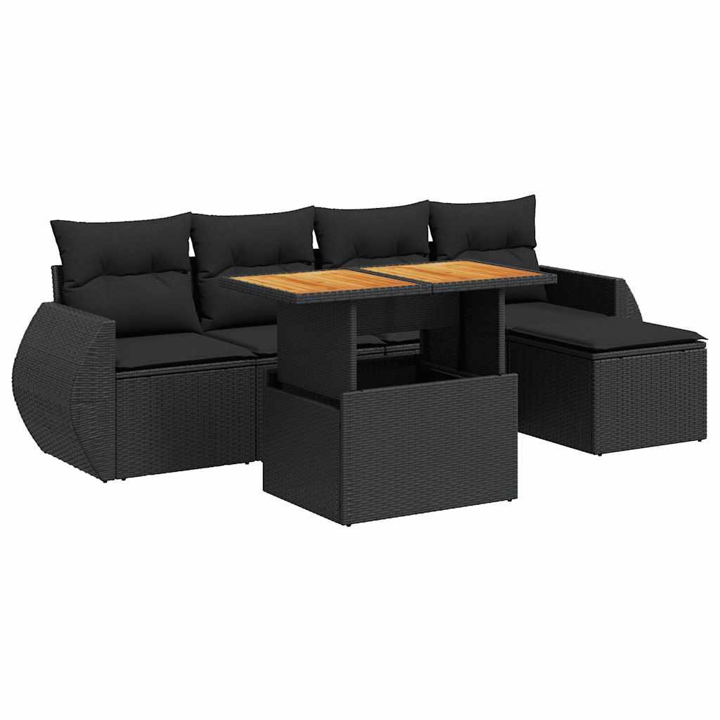 6 részes fekete polyrattan kerti ülőgarnitúra párnákkal