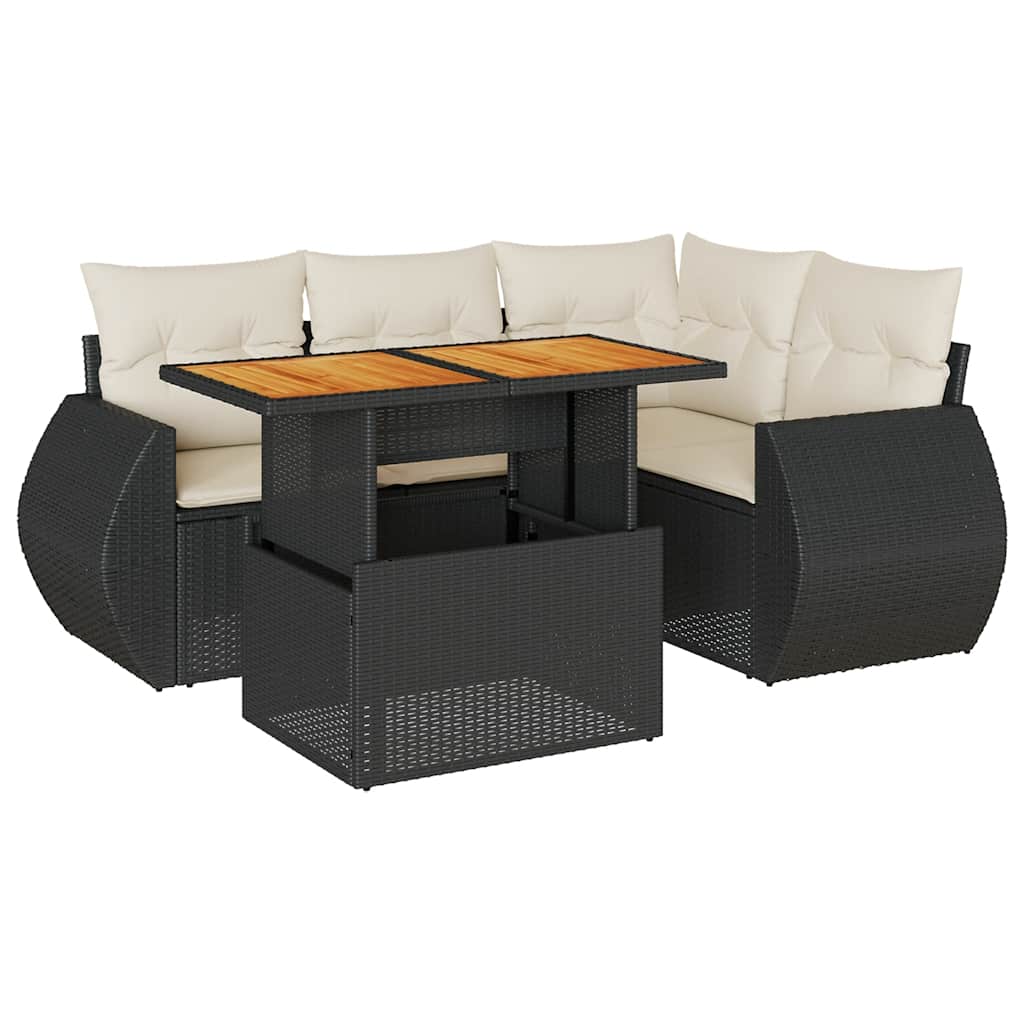 5 részes fekete polyrattan kerti kanapészett párnákkal
