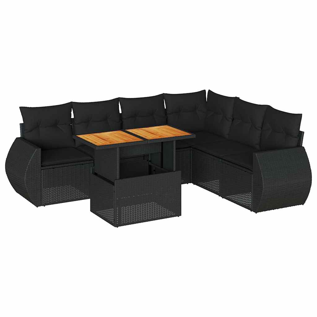7 részes fekete polyrattan kerti ülőgarnitúra párnával