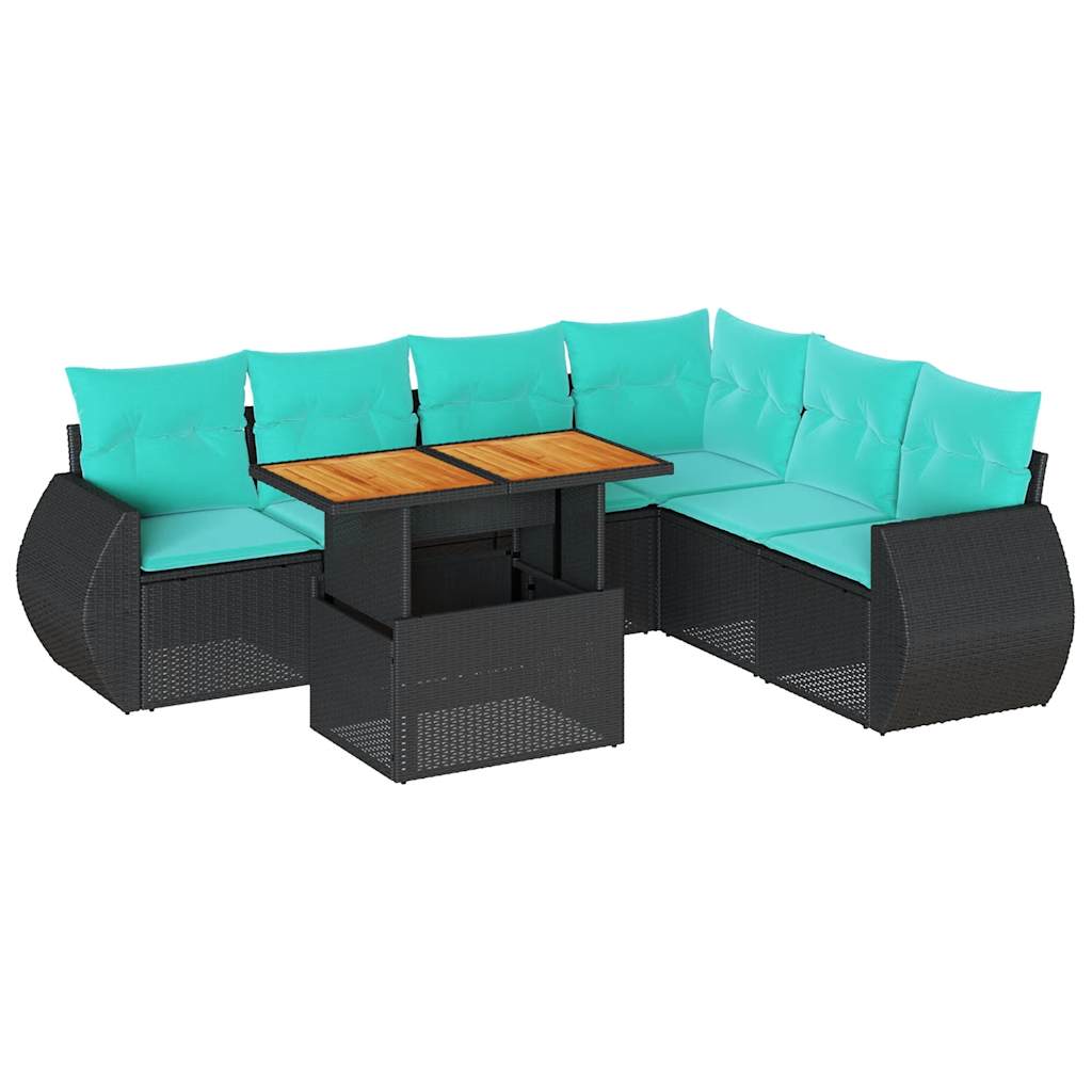 7 részes fekete polyrattan kerti ülőgarnitúra párnával