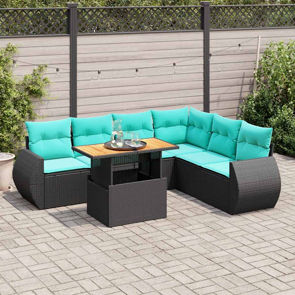 7 részes fekete polyrattan kerti ülőgarnitúra párnával
