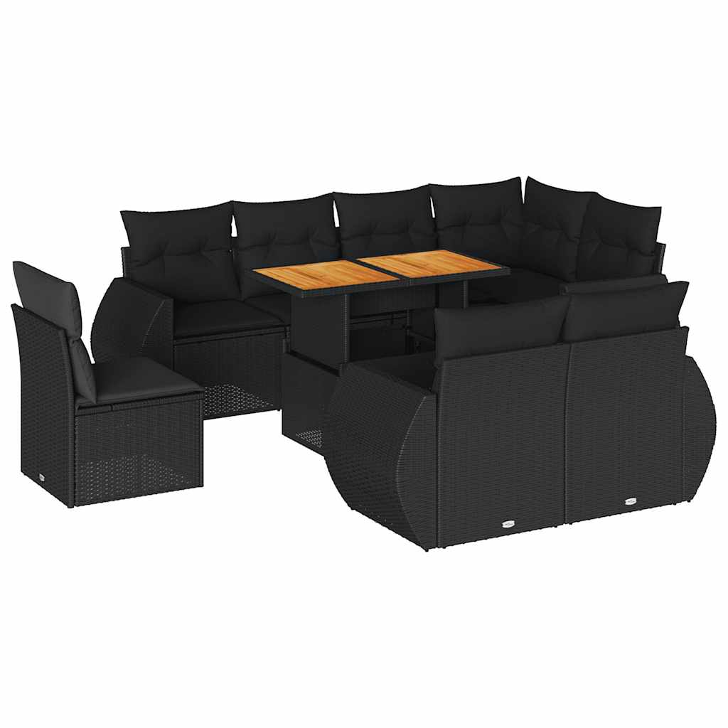 9 részes fekete polyrattan kerti ülőgarnitúra párnákkal