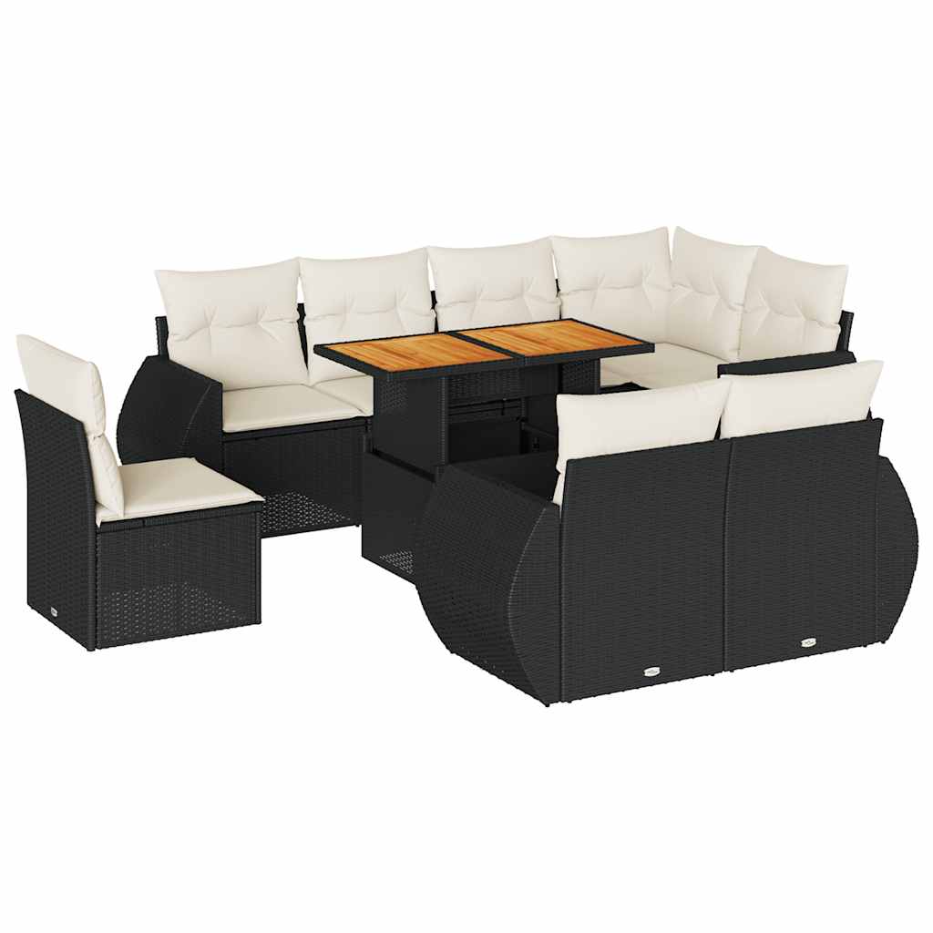9 részes fekete polyrattan kerti ülőgarnitúra párnákkal