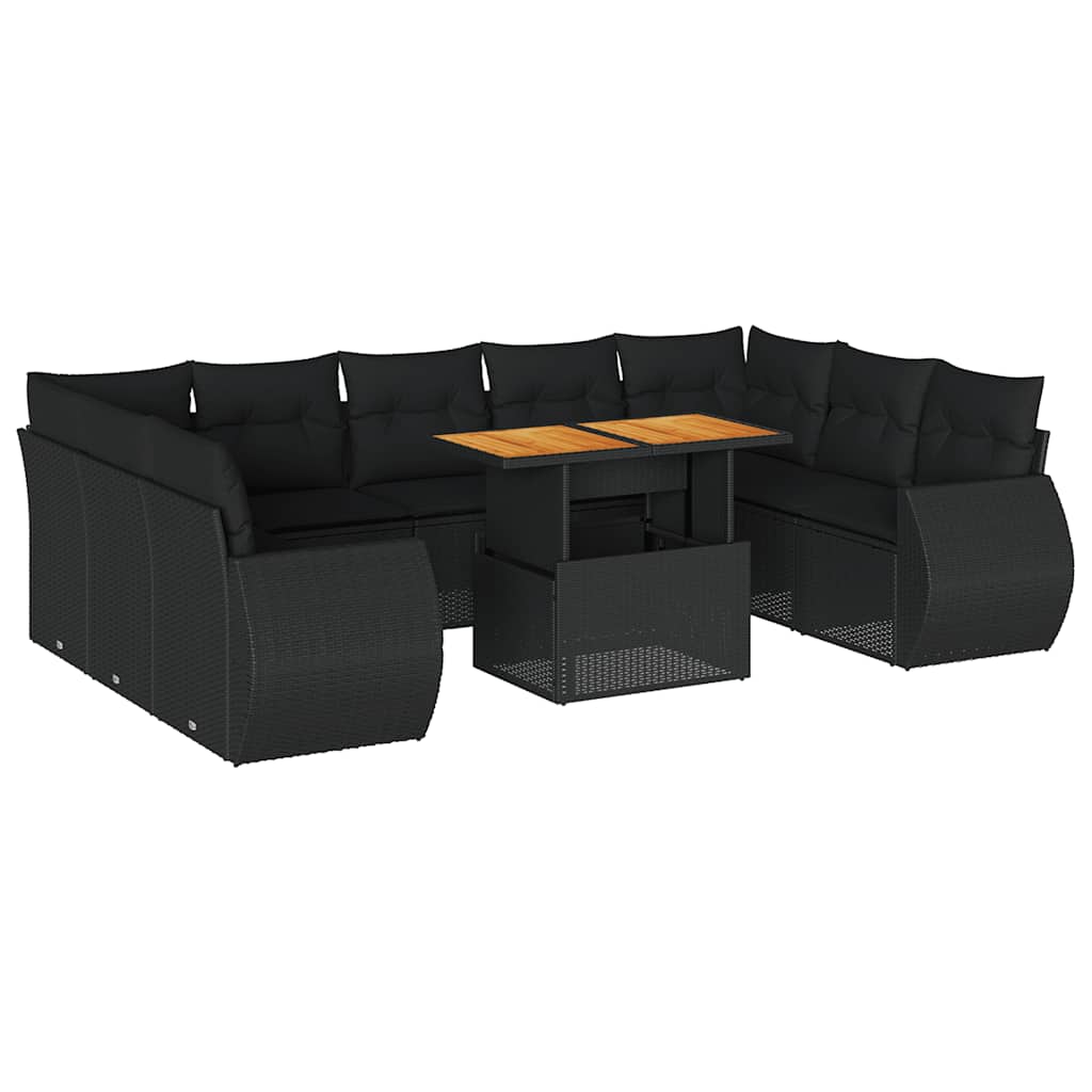 10 részes fekete polyrattan kerti ülőgarnitúra párnákkal