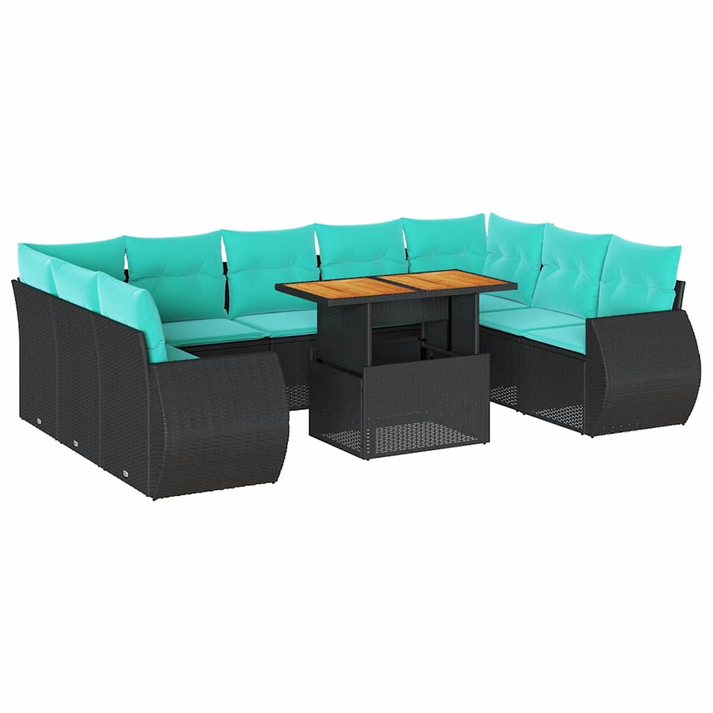 10 részes fekete polyrattan kerti ülőgarnitúra párnákkal