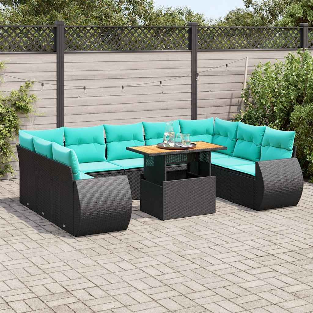10 részes fekete polyrattan kerti ülőgarnitúra párnákkal