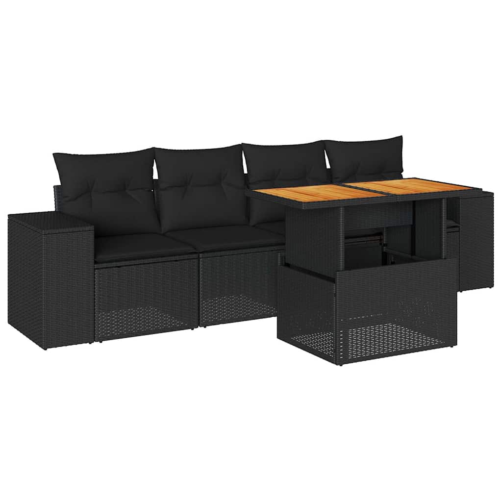 5 részes fekete polyrattan kerti kanapészett párnákkal