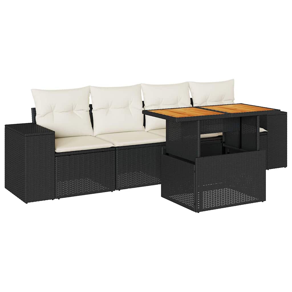 5 részes fekete polyrattan kerti kanapészett párnákkal