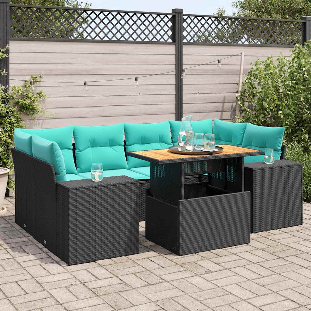 7 részes fekete polyrattan kerti ülőgarnitúra párnával
