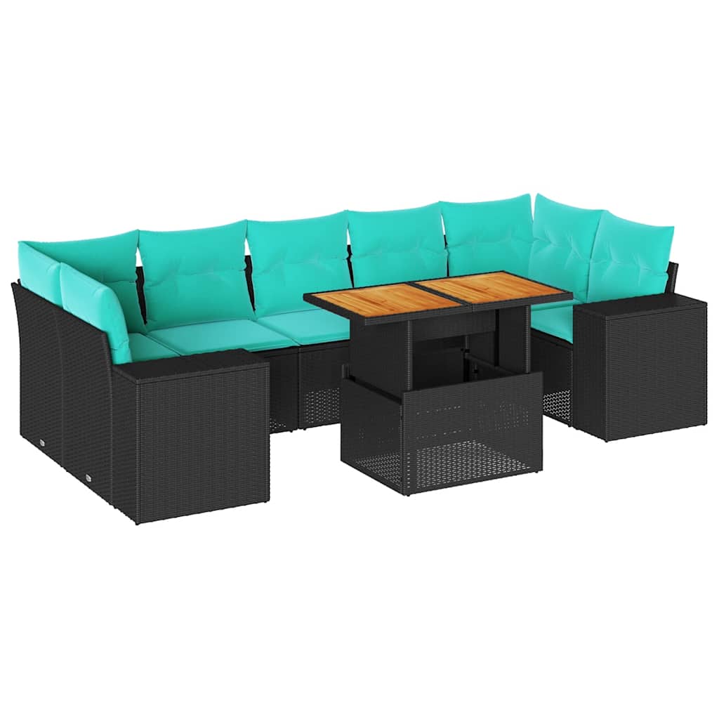 8 részes fekete polyrattan kerti ülőgarnitúra párnákkal