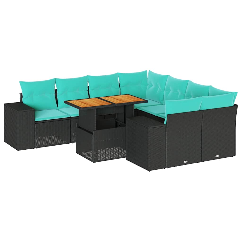 9 részes fekete polyrattan kerti ülőgarnitúra párnákkal