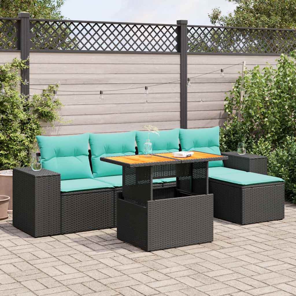 6 részes fekete polyrattan kerti ülőgarnitúra párnákkal