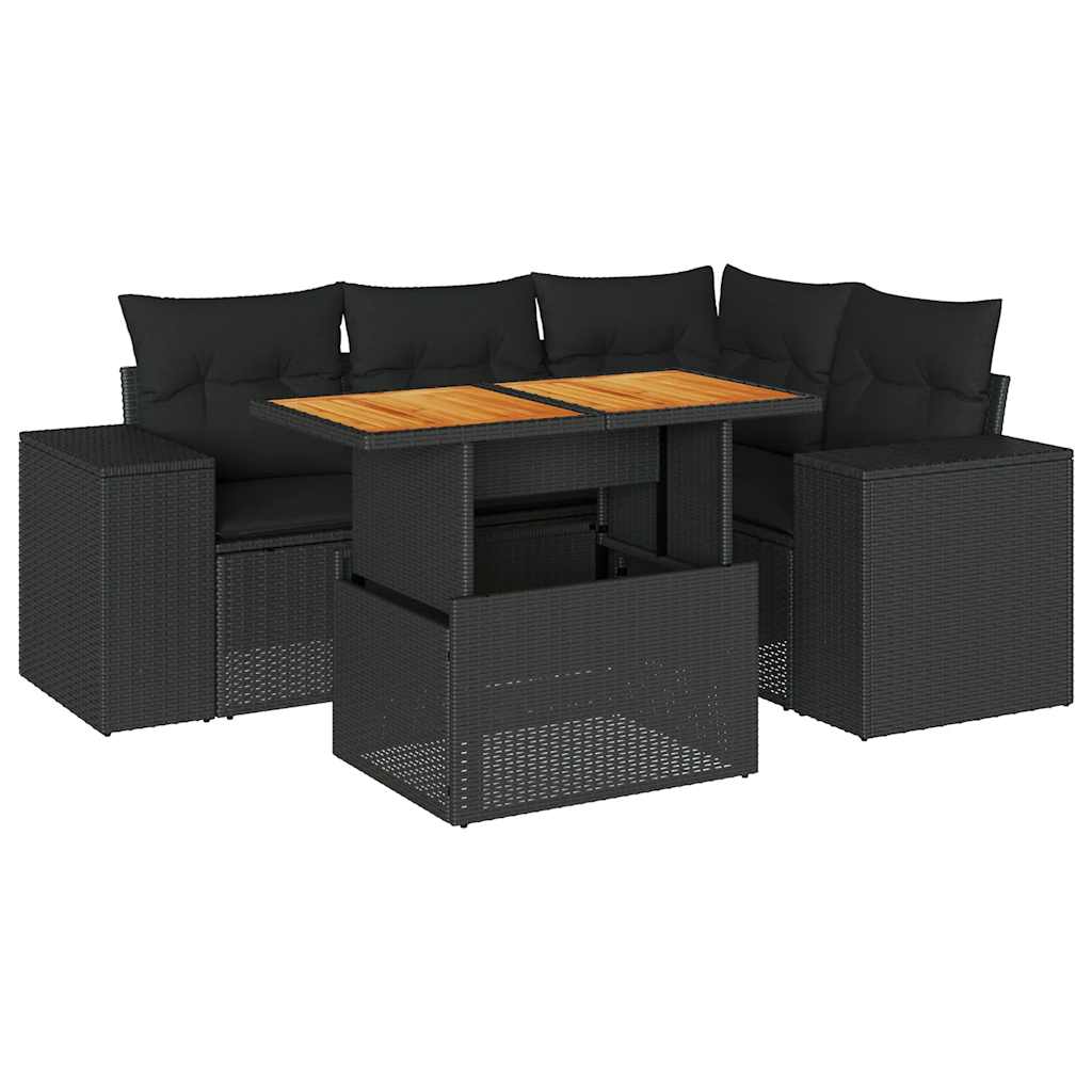 5 részes fekete polyrattan kerti kanapészett párnákkal