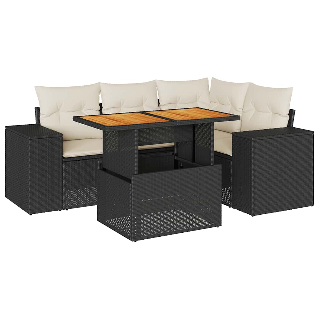 5 részes fekete polyrattan kerti kanapészett párnákkal