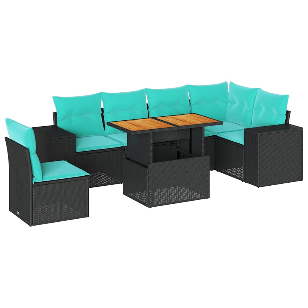 7 részes fekete polyrattan kerti ülőgarnitúra párnával