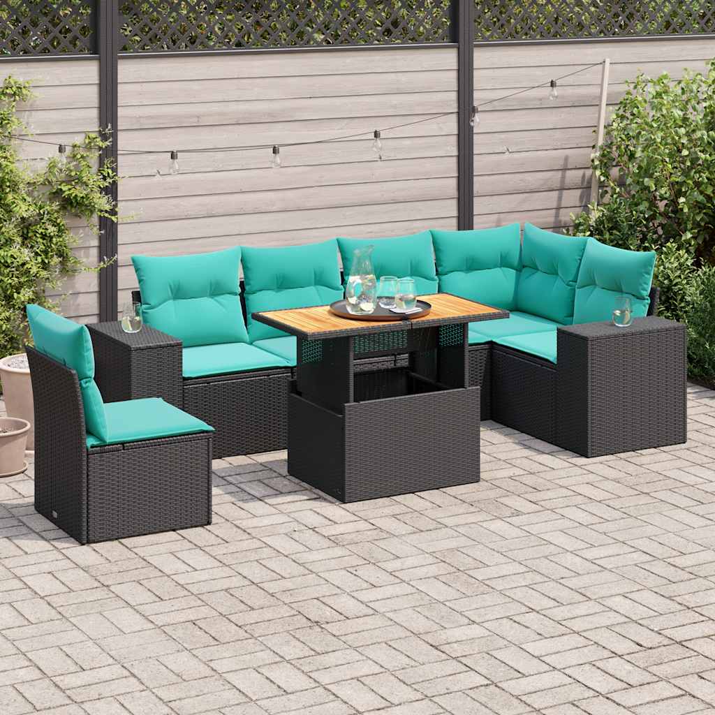7 részes fekete polyrattan kerti ülőgarnitúra párnával