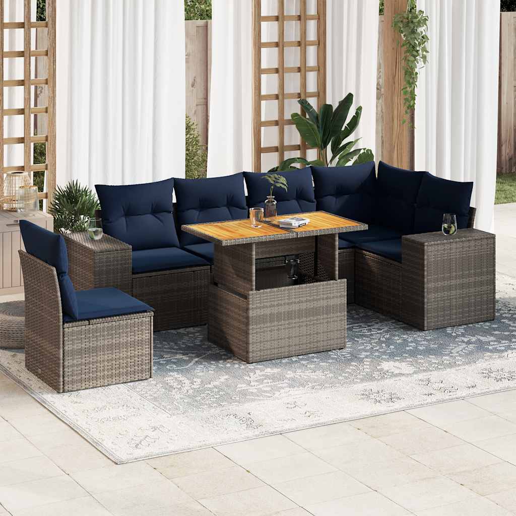 7 részes szürke polyrattan kerti ülőgarnitúra párnákkal