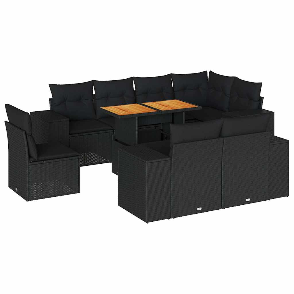 9 részes fekete polyrattan kerti ülőgarnitúra párnákkal