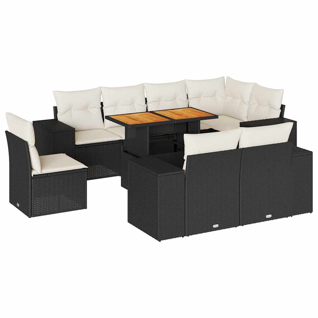 9 részes fekete polyrattan kerti ülőgarnitúra párnákkal