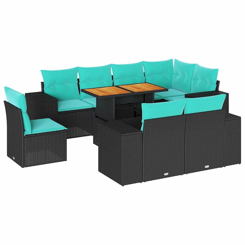 9 részes fekete polyrattan kerti ülőgarnitúra párnákkal