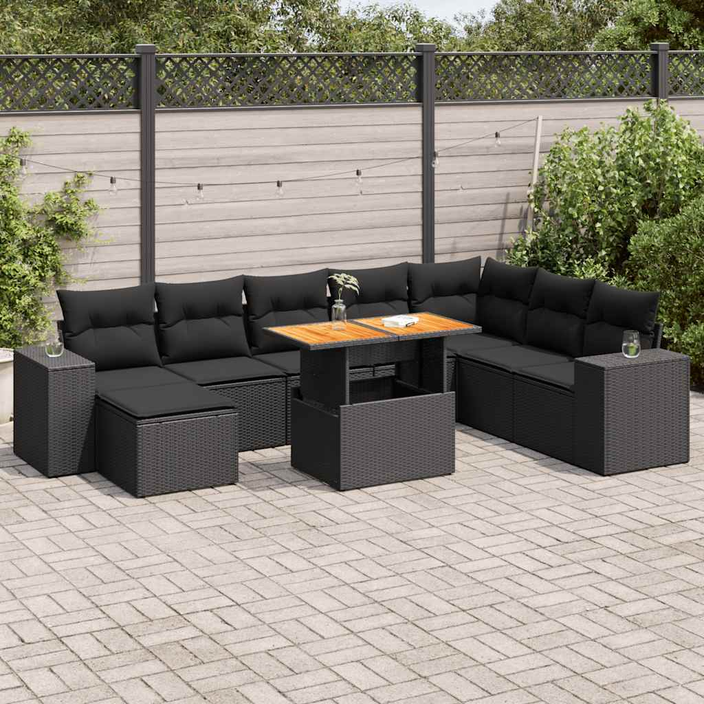 9 részes fekete polyrattan akácfa kerti ülőgarnitúra párnákkal