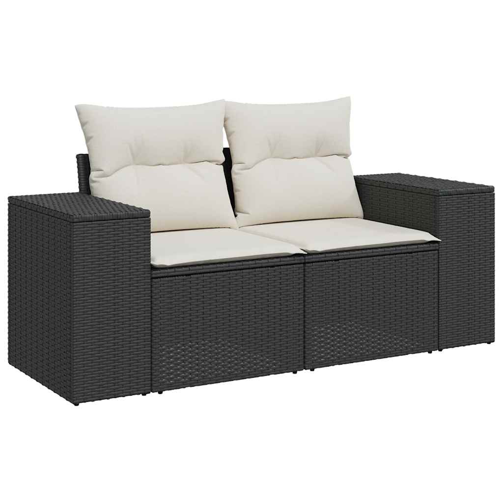 9 részes fekete polyrattan akácfa kerti ülőgarnitúra párnákkal