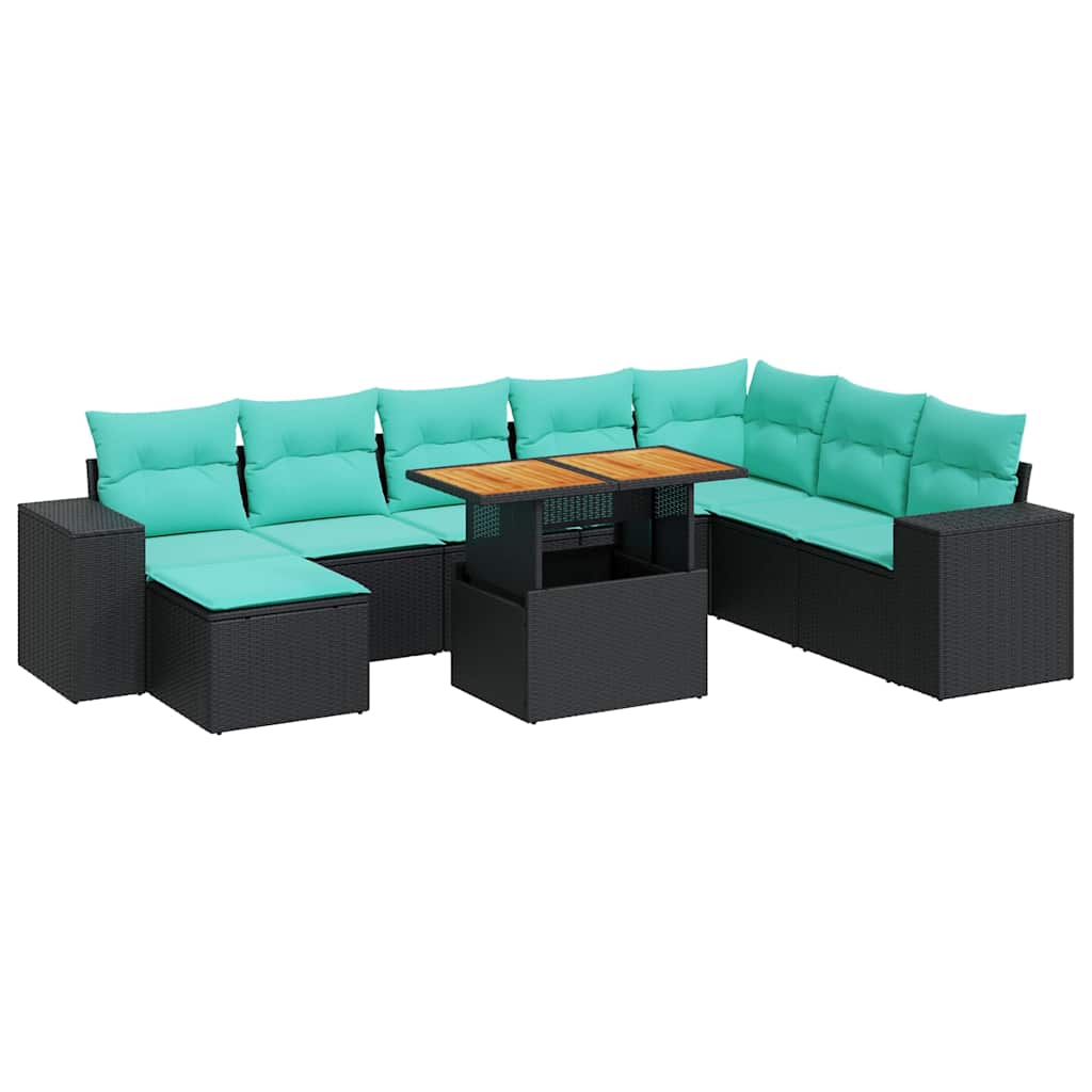 9 részes fekete polyrattan kerti ülőgarnitúra párnákkal