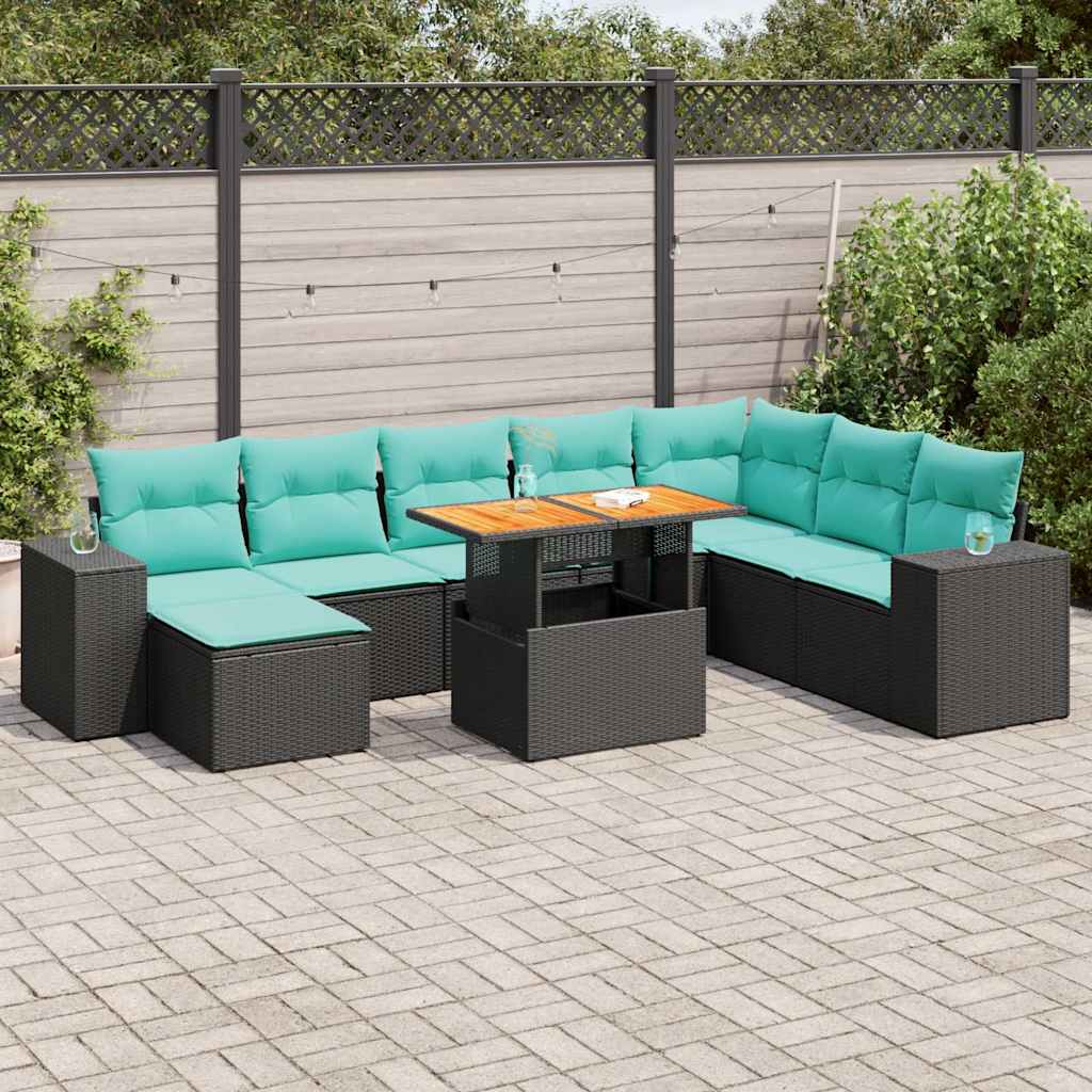 9 részes fekete polyrattan kerti ülőgarnitúra párnákkal