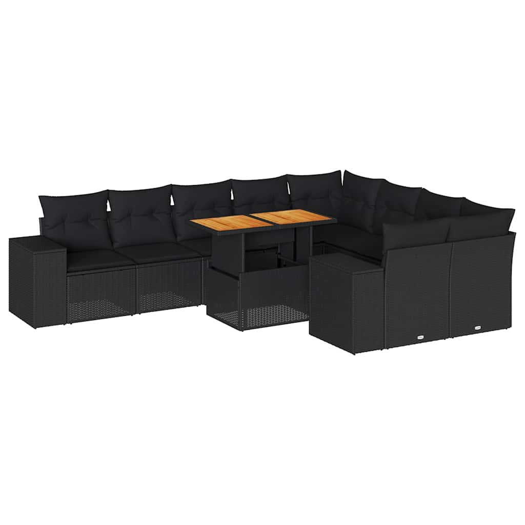 10 részes fekete polyrattan akácfa kerti ülőgarnitúra párnákkal
