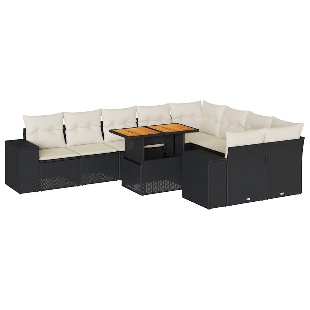 10 részes fekete polyrattan akácfa kerti ülőgarnitúra párnákkal