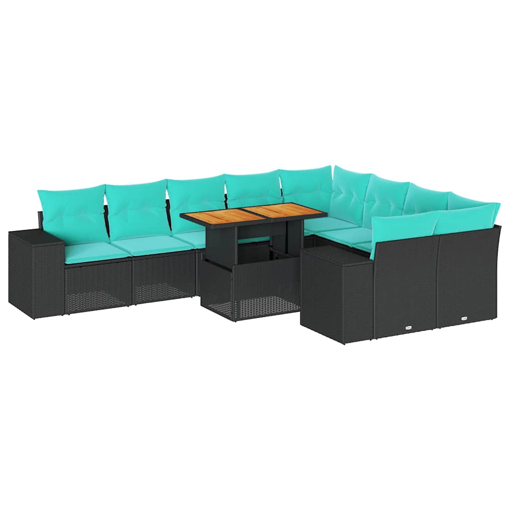 10 részes fekete polyrattan kerti ülőgarnitúra párnákkal