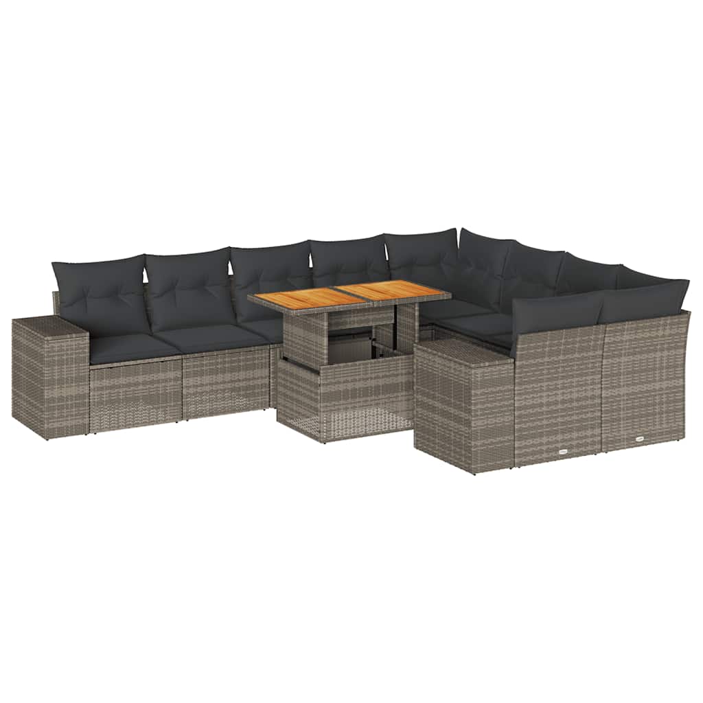 10 részes szürke polyrattan akácfa kerti ülőgarnitúra párnákkal